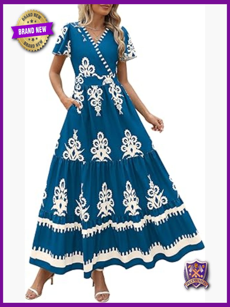 Boho Flowy Maxi Dress With Pockets Bell Sleeve V-Neck